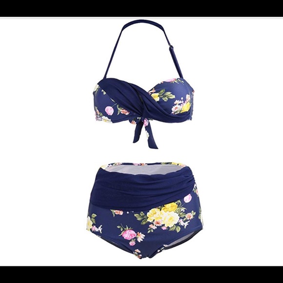 Flattering retro vintage style blue floral bikini 12-14 halter top high waist - Picture 3 of 8